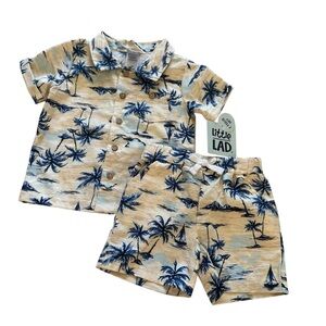 Little Lad 12M Baby Boy Outfit 2PC Set Blue beige Palms Tropical Nautical
